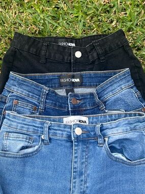 Fashion Nova High Rise Jeans Trio in Black, Dark Blue & Light Blue